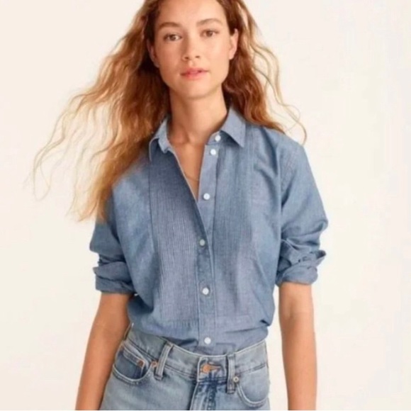 J. Crew Slim Fit Blue Chambray Tuxedo Long Sleeve 100% Cotton Button Shirt 0 - Picture 1 of 8